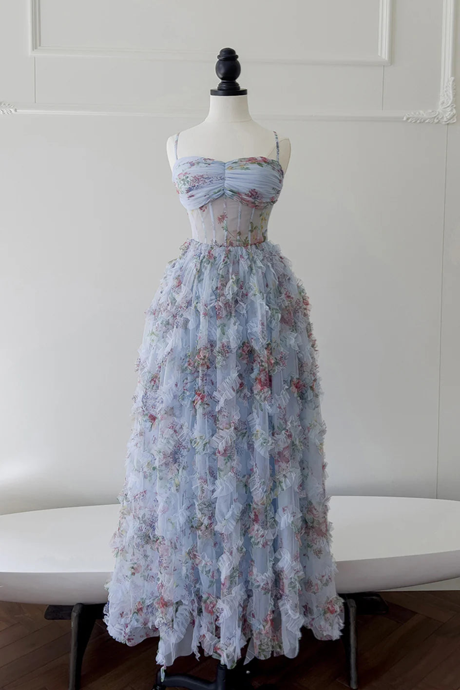 Vestido Weitese con tirantes finos, estampado floral azul, vestido largo fruncido, vestido de fiesta